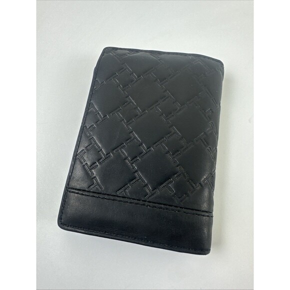 TUMI Leather Wallet Black Embossed Logo Pattern Bifold Small Credit Card Slots - Picture 4 of 14
